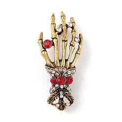 Antique Golden Halloween Theme Rhinestone Skeleton Hand Brooch Pin, Alloy Badge for Backpack Clothing, Antique Golden, 48.5x21.5x11mm, Pin: 0.7mm