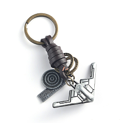 Airplane Punk Style Woven Cow Leather Alloy Pendant Keychain, for Car Key Pendant, Antique Silver, Plane Pattern, 1cm