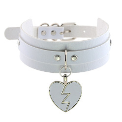 white Rocking Heart Pendant Collar with Double-layer Leather Chain and Lock Clavicle Necklace