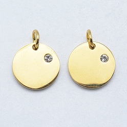 Real 18K Gold Plated 316 Surgical Stainless Steel Pendants, with Cubic Zirconia, Flat Round, Clear, Real 18K Gold Plated, 12x2mm, Hole: 3mm