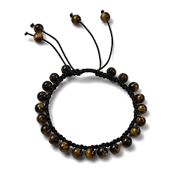 Тигровый глаз Регулируемые браслеты из плетеных бусин из натурального тигрового глаза для мужчин и женщин, круглые, внутренний диаметр: 2-1/8~2-3/4 дюйм (5.3~7.1 см)
