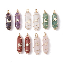 Mixed Stone Natural Mixed Gemstone Copper Wire Wrapped Pendants, Faceted Bullet Charms with Light Gold Tone Star & Moon Brass Beads, 36~37.5x10~10.5x11~12mm, Hole: 3.5~4mm, 2pcs/set