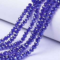 Medium Blue Electroplate Glass Beads Strands, Pearl Luster Plated, Faceted, Rondelle, Medium Blue, 6x5mm, Hole: 1mm, about 85~88pcs/strand, 16.1~16.5 inch(41~42cm)