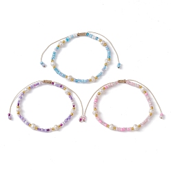 Mixed Color 3Pcs 3 Color Natural Pearl & Glass Seed Braided Bead Bracelets Set, Nylon Adjustable Bracelets, Mixed Color, Inner Diameter: 2-1/8~3-1/2 inch(5.3~8.85cm), 1Pc/style