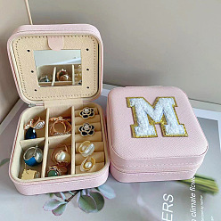 Letter M Letter Imitation Leather Jewelry Organizer Case with Mirror Inside, for Necklaces, Rings, Earrings and Pendants, Square, Pink, Letter M, 10x10x5.5cm