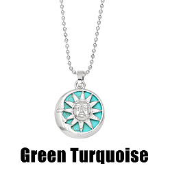 Green Turquoise Sun and Moon Pendant Necklace with Crystal & Agate for Women - Elegant Lock Collar Chain