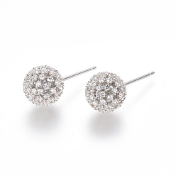 Platinum Brass Micro Pave Clear Cubic Zirconia Stud Earrings, Ball Stud Earrings, Platinum, 21x8.5mm, Pin: 0.9mm