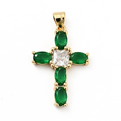Green Rack Plating Brass Micro Pave Cubic Zirconia Pendants, Long-Lasting Plated, Lead Free & Cadmium Free, Cross, Real 18K Gold Plated, Religion, Green, 26.5x18x4mm, Hole: 3.5x4mm