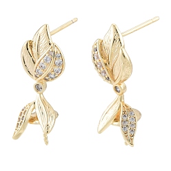 Real 18K Gold Plated Brass Micro Pave Cubic Zirconia Stud Earring Finding, for Half Drilled Beads, Nickel Free, Leaf, Real 18K Gold Plated, 23.5mm, Pin: 0.8mm