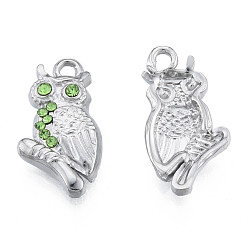Stainless Steel Color 304 Stainless Steel Pendants, with Peridot Rhinestone, Owl, Stainless Steel Color, 20x11x3mm, Hole: 1.6mm