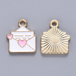 Pearl Pink Alloy Enamel Pendants, Envelope with heart, Light Gold, Pearl Pink, 16x13x1.5mm, Hole: 1.8mm