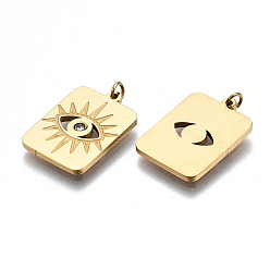 Real 14K Gold Plated 304 Stainless Steel Pendants, with Jump Rings and Rhinestone, Rectangle with Eye, Real 14K Gold Plated, 15.5x11x1mm, Jump Ring: 2.7x0.4mm, 1.9mm inner diameter