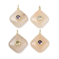 Grey Moonstone Подвески из натурального серого лунного камня, Подвески в виде ромбов с золотистой латунной микропаве из кубических цирконий разных цветов, 22.5~23.5x17.5x5.5~7 мм, отверстие : 2.5x1.5 мм