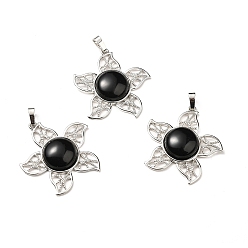 Obsidian Natural Obsidian Pendants, Flower Charms, with Rack Plating Platinum Tone Brass Findings, Cadmium Free & Lead Free, 38x37x7~7.5mm, Hole: 8x5mm