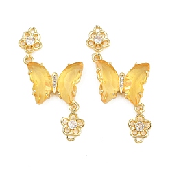 Yellow Brass Micro Pave Cubic Zirconia Connector Charms, Butterfly with Flower Links, with Glass, Lead Free & Cadmium Free, Long-Lasting Plated, Rack Plating, Real 18K Gold Plated, Yellow, 46x21x4mm, Hole: 1.4mm