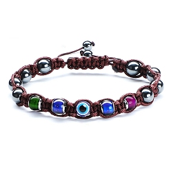 Coconut Brown Temperature Sensing Color Changing Necklace, Synthetic Magnetic Hematite Round Braided Bead Bracelet with Evil Eye for Women, Coconut Brown