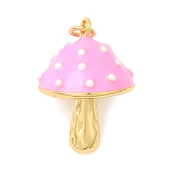 Бледно-Розовый Латунь эмаль подвески, грибное очарование, с целью перехода в кольце, долговечный, без кадмия и без свинца, реальный 18 k позолоченный, розовый жемчуг, 24.5x17~17.5 мм, отверстие : 3.5 мм