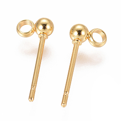 Real 18K Gold Plated 304 Stainless Steel Ear Stud Components, with Loop, Ball, Real 18k Gold Plated, 14x3mm, Hole: 1.6~1.8mm, Pin: 0.7mm