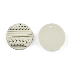 Dark Khaki Handmade Polymer Clay Pendants, Flat Round with Leaf, Dark Khaki, 30x7.5~8mm, Hole: 1.8mm