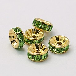Peridot Brass Grade A Rhinestone Spacer Beads, Golden Plated, Rondelle, Nickel Free, Peridot, 10x4mm, Hole: 2mm
