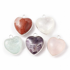 Mixed Stone Natural Mixed Stone Pendants, with Silver Color Plated Brass Findings, Heart Charms, 18~19x15~17x7~10mm, Hole: 2mm