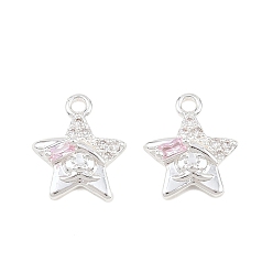 Pink Латунные микро проложить кубического циркония подвески, звезды прелести, 925 серебро покрытием, розовые, 12x10x4 мм, отверстие : 1.4 мм