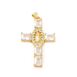 Clear Rack Plating Brass Pendants, with Glass Cubic Zirconia, Religion Cross with Virgin Mary Charm, Cadmium Free & Lead Free, Long-Lasting Plated, Real 18K Gold Plated, Clear, 43x27x4mm, Hole: 5x3mm