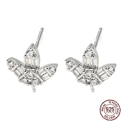 Real Platinum Plated Rhodium Plated 925 Sterling Silver Micro Pave Clear Cubic Zirconia Stud Earring Findings, for Half Drilled Beads, with S925 Stamp, Real Platinum Plated, 10.5x9.5mm, Pin: 10.5x0.7mm and 0.5mm