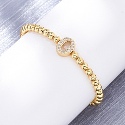 Letter O Латунные круглые бусины эластичные браслеты, Подвеска в виде буквы из латуни с микропаве из прозрачного кубического циркония для женщин, без свинца и без кадмия, стойки покрытие, реальный 18 k позолоченный, Письмо O, внутренний диаметр: 2~2-1/8 дюйм (5~5.5 см)