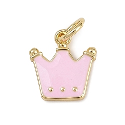 Pink Подвески-короны из латунной эмали, реальный 18 k позолоченный, стойки покрытие, долговечный, без кадмия и без свинца, с целью перехода в кольце, розовые, 10.5x10x1.5 мм, отверстие : 3 мм