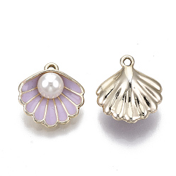 Plum Alloy Pendants, with ABS Plastic Imitation Pearl & Enamel, Shell with Pearl, Light Gold, Plum, 16x15x7mm, Hole: 1.5mm
