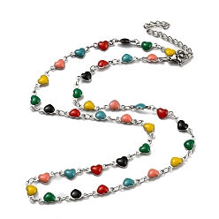 Colorful 304 Stainless Steel Heart Link Chain Necklaces, with Enamel, Colorful, 17.72~17.91 inch(45~45.5cm)