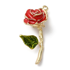 Red Alloy Enamel Pendants, Long-Lasting Plated, Golden, Rose Charm, Red, 31x16x9mm, Hole: 1.2mm