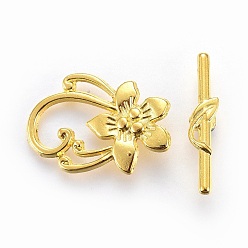 Golden Tibetan Style Alloy Toggle Clasps, Lead Free and Cadmium Free, Golden, Flower, Flower: 20mm wide, 28mm long, Bar: 5mm wide, 30mm long, hole: 2mm