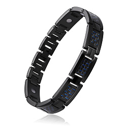 Blue SHEGRACE Stainless Steel Panther Chain Watch Band Bracelets, with Carbon Fiber, Gunmetal, Blue, 9 inch(23cm)