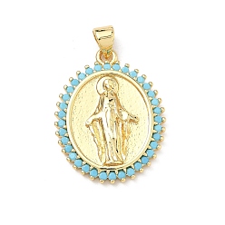 Синий Латунные микро проложить кубического циркония подвески, овал с подвесками Девы Марии, долговечный, без кадмия и без свинца, реальный 18 k позолоченный, синие, 26x20x3 мм, отверстие : 4x3 мм