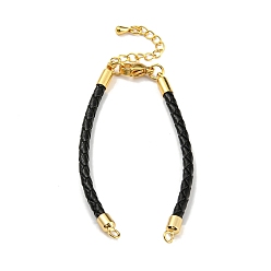 Black Leather Braided Cord Link Bracelets, Fit for Connector Charms, with Long-Lasting Plated Rack Plating Colden Tone Brass Lobster Claw Clasp & Chain Extender, Black, 6x1/8 inch(15.2cm), Hole: 2mm