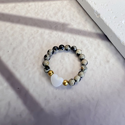 Далматинских Джаспер Кольца из натуральной далматинской яшмы и бусин из нержавеющей стали, с бусиной в виде ракушки