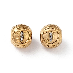 Letter J 304 Stainless Steel Rhinestone European Beads, Round Large Hole Beads, Real 18K Gold Plated, Round with Letter, Letter J, 11x10mm, Hole: 4mm