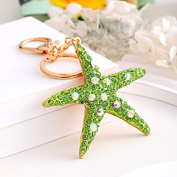 Lime Green Alloy with Rhinestone Keychain for Women, Starfish, Lime Green, 7.3x7.2cm