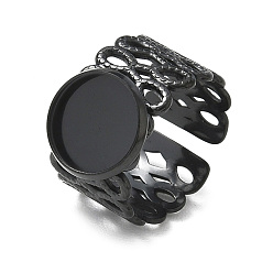 Black 304 Stainless Steel Cuff Ring Components, Round Bezel Pad Ring Setting, Ion Plating(IP), Long-Lasting Plated, Black, 18mm, Tray Size: 12mm