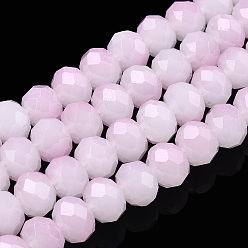 Plum Two-Tone Imitation Jade Glass Beads Strands, Faceted, Rondelle, Plum, 4.5x3.5mm, Hole: 1mm, about 122~135pcs/strand, 16.73 inch~17.32 inch(42.5~44cm)