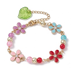 Colorful Zinc Alloy Flower Flower Link Chain Bracelets,with Glass Beads, Colorful, 7-1/2 inch(19cm)