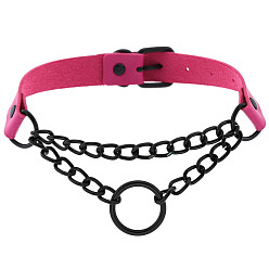 (Black circle) Magenta Dark Punk Leather Collar Necklace with Round Rings and Chain for Street Style