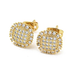 Real 18K Gold Plated Brass Micro Pave Cubic Zirconia Ear Studs, Flat Round, Real 18K Gold Plated, 10mm
