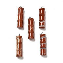 Red Jasper Natural Red Jasper Pendants, Bamboo Stick Charms, with Stainless Steel Color Tone 304 Stainless Steel Loops, 45x12.5mm, Hole: 2mm