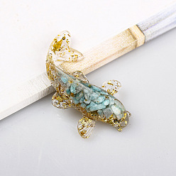 Aquamarine Resin Home Display Decorations, with Natural Aquamarine Chips and Gold Foil Inside, Fish, 60x40x20mm