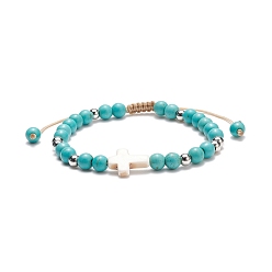 Synthetic Turquoise Synthetic Turquoise(Dyed) Braided Bead Bracelet with Synthetic Magnesite Cross, Gemstone Jewelry for Women, Inner Diameter: 2-1/8~3-1/8 inch(5.5~8cm)