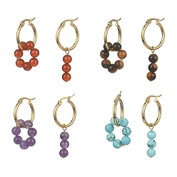 Mixed Stone 4 Pairs 4 Style NNatural & Synthetic Mixed Genstone Round Beaded Dangle Hoop Earrings, Real 18K Gold Plated 304 Stainless Steel Asymmetrical Earrings, 34.5~40x6.5~20mm, 1 Pair/style
