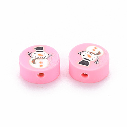 Pearl Pink Handmade Polymer Clay Beads, Flat Round with Christmas Snowman, Pearl Pink, 10x4mm, Hole: 1.6mm